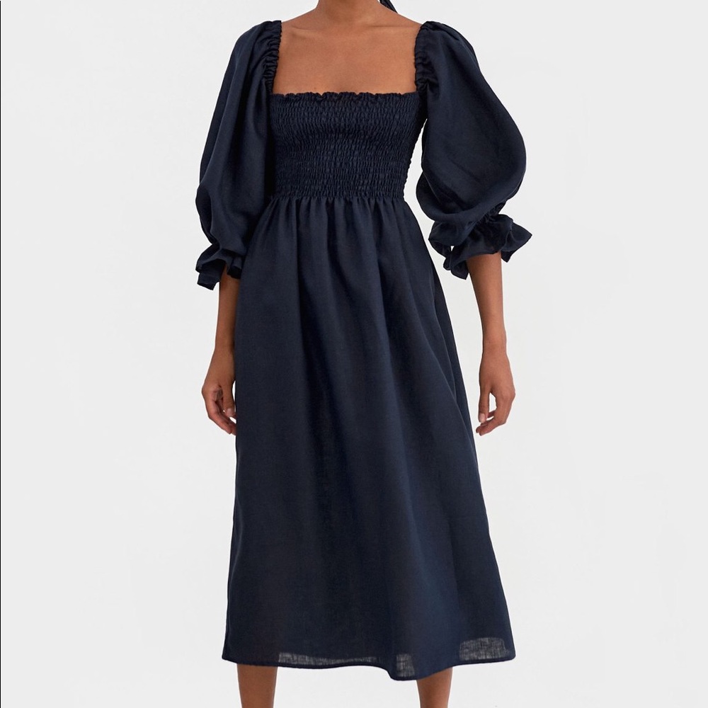 New Sleeper Athena Linen Dress in Navy - XS